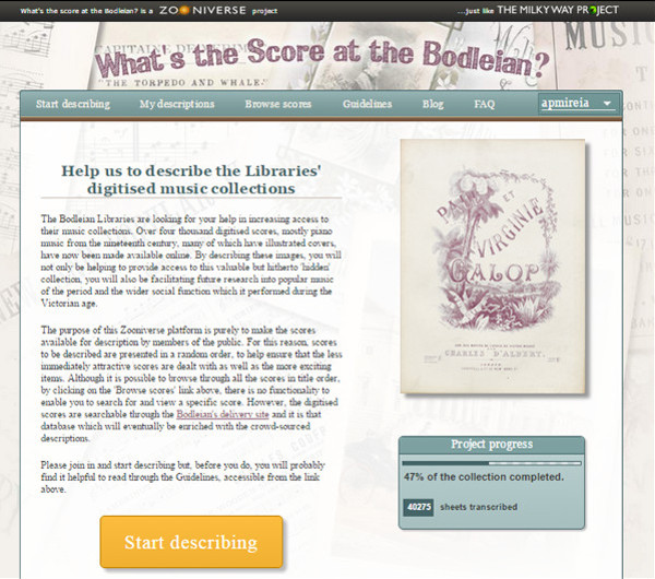 Home screen of project What's the Score at the Bodleian?