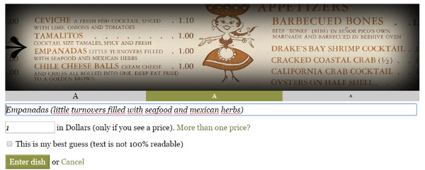 Show the transcription What's on the Menu? at NYPL