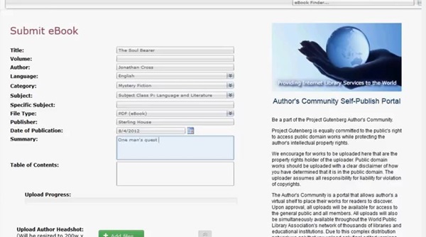 Figura 3. Camps del formulari d'incorporació de metadades en el Project Gutenberg