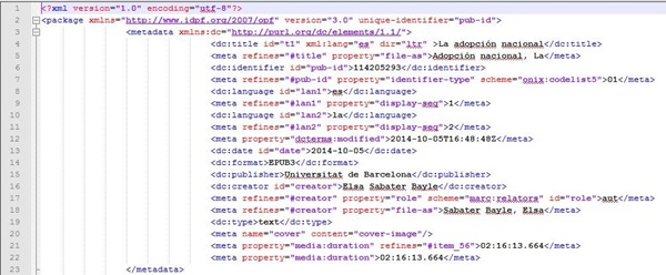 Figura 4. Secció <metadata> en un document "Package" original d'un llibre EPUB 3