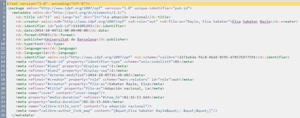 Figura 5. Secció <metadata> en el document "Package" generat pel Calibre, amb les alteracions aplicades pel connector "Read EPUB metadata"