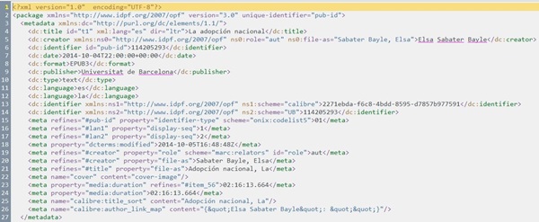 Figura 6. Secció <metadata> en el document "Package" generat pel Calibre, amb les mesures aplicades mitjançant l'editor de metadades del Calibre per contrarestar els efectes d'algunes alteracions aplicades pel connector "Read EPUB metadata"