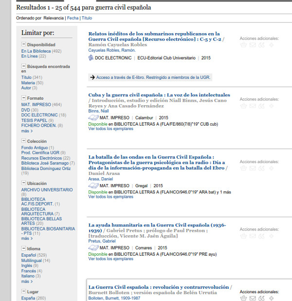 Figura 5. Navegación facetada del catálogo de la Biblioteca de la Universidad de Granada