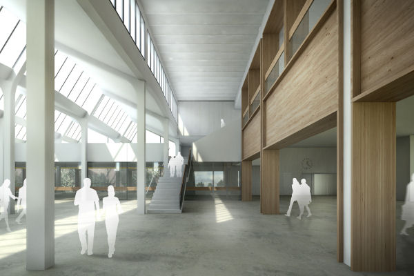 Biblioteca Montserrat Abelló i Soler: renderització de la planta baixa, àrea d'accés   